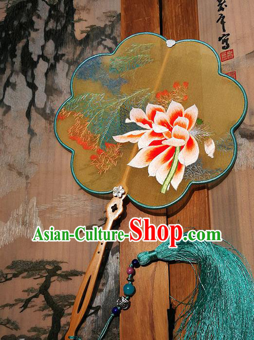 China Embroidered Peony Fan Traditional Hanfu Fan Handmade Yellow Silk Fans Palace Fan