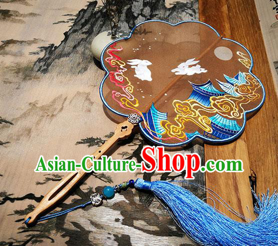 China Palace Fan Embroidered Rabbit Fan Traditional Hanfu Fan Handmade Brown Silk Fans