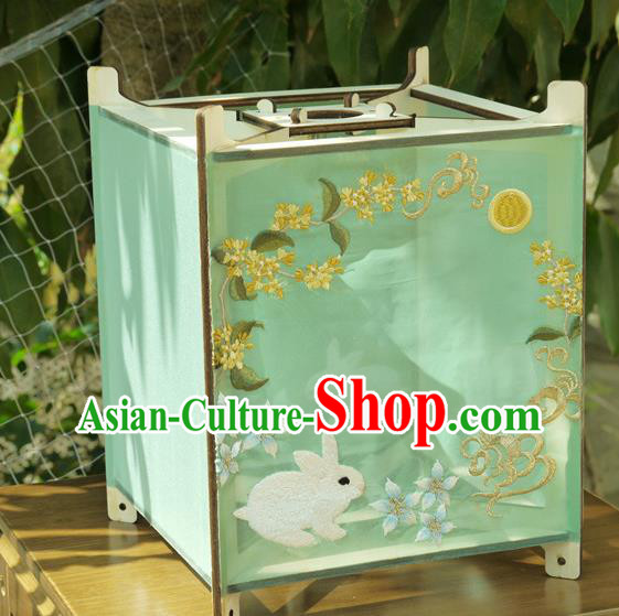 China Traditional New Year Desk Lantern Handmade Embroidered Rabbit Lamp Classical Light Green Cloth Palace Lantern