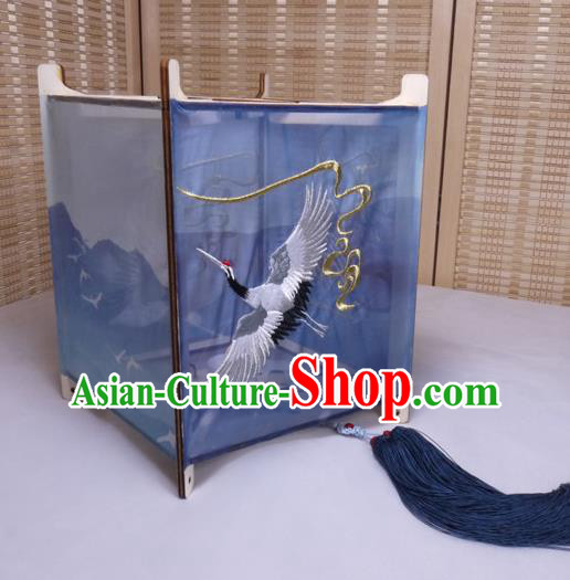 China Classical Blue Cloth Palace Lantern Handmade Embroidered Crane Lamp Traditional Spring Festival Desk Lantern