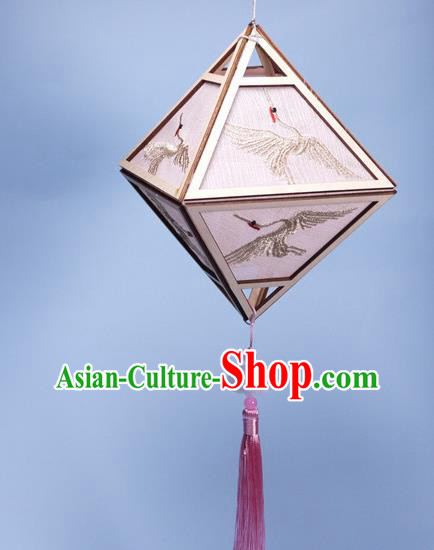 China Traditional Spring Festival Lanterns Handmade Embroidered Crane Portable Lamp Classical Rhombus Palace Lantern