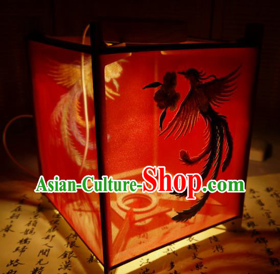 China Handmade Embroidered Phoenix Lamp Traditional Spring Festival Desk Lantern Classical Red Palace Lantern