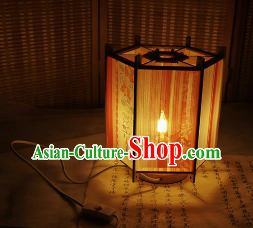 China Classical Hexagon Palace Lantern Traditional Printing Silk Lanterns Handmade Portable Lamp