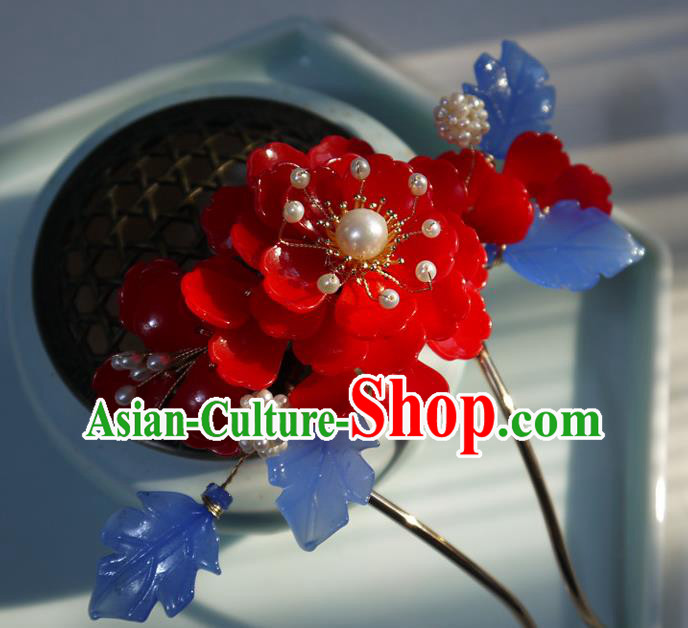 China Ming Dynasty Hair Comb Ancient Palace Princess Red Begonia Hairpin