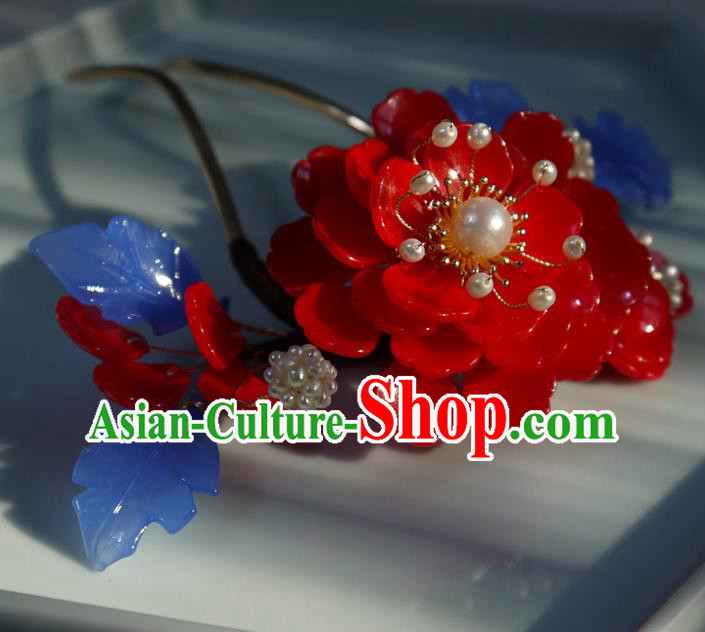 China Ming Dynasty Hair Comb Ancient Palace Princess Red Begonia Hairpin