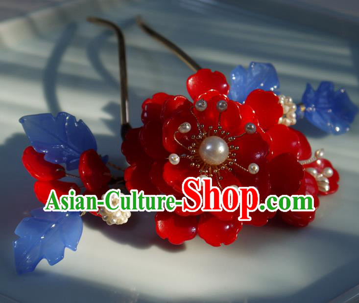 China Ming Dynasty Hair Comb Ancient Palace Princess Red Begonia Hairpin