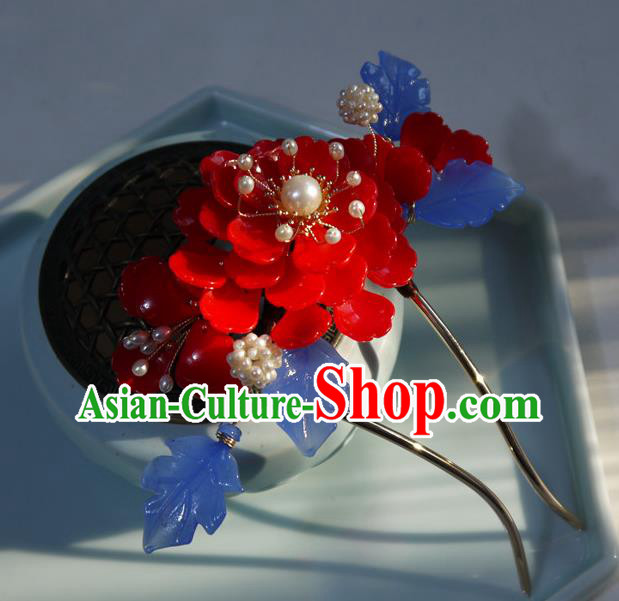 China Ming Dynasty Hair Comb Ancient Palace Princess Red Begonia Hairpin