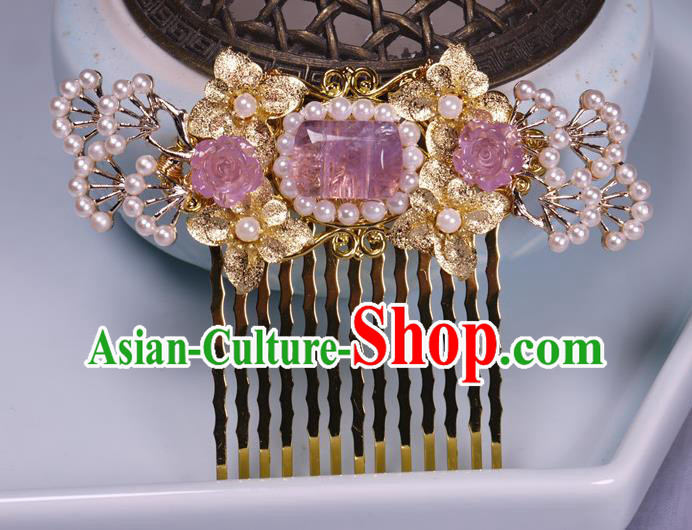 China Tang Dynasty Amethyst Hair Comb Ancient Palace Princess Golden Hairpin