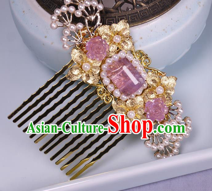 China Tang Dynasty Amethyst Hair Comb Ancient Palace Princess Golden Hairpin