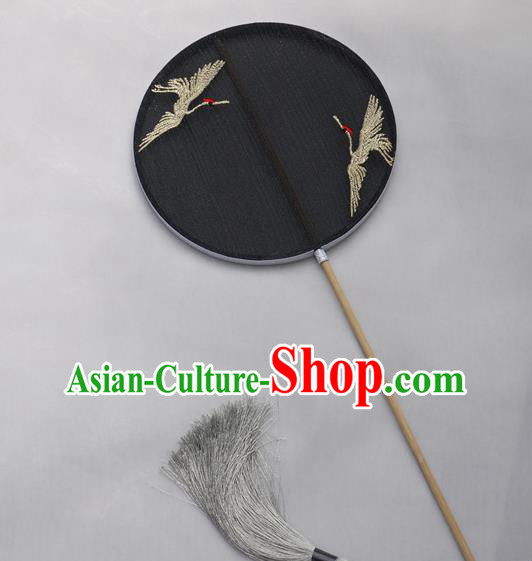 China Traditional Tang Dynasty Princess Fan Handmade Embroidered Cranes Palace Fan Classical Black Silk Circular Fan