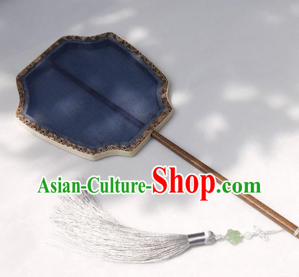 China Handmade Palace Fan Classical Peony Pattern Blue Silk Fan Traditional Hanfu Fan
