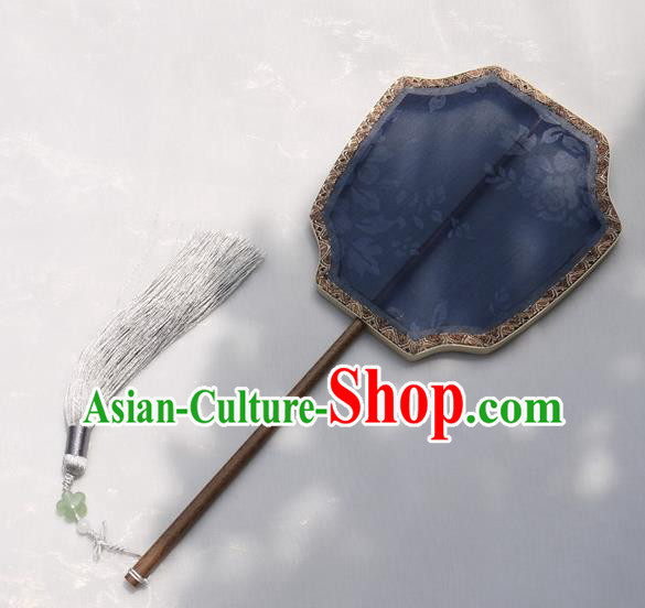 China Handmade Palace Fan Classical Peony Pattern Blue Silk Fan Traditional Hanfu Fan