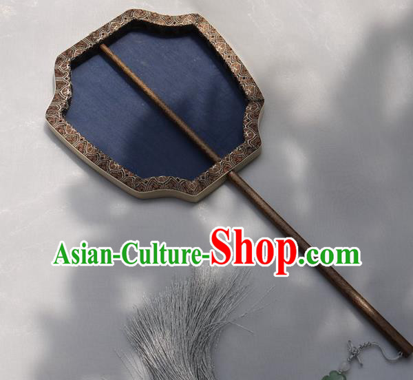 China Handmade Palace Fan Classical Peony Pattern Blue Silk Fan Traditional Hanfu Fan