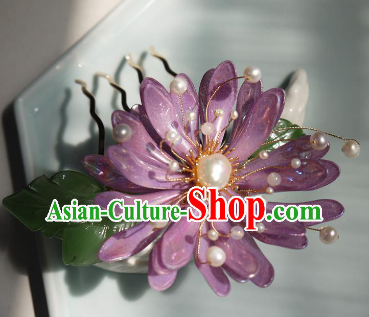China Handmade Purple Chrysanthemum Hair Comb Traditional Hanfu Pearls Hairpin Hair Accessories
