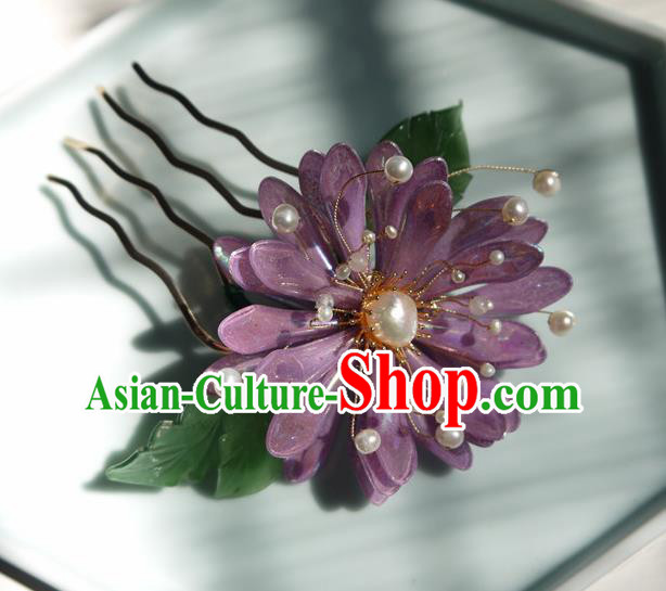 China Handmade Purple Chrysanthemum Hair Comb Traditional Hanfu Pearls Hairpin Hair Accessories