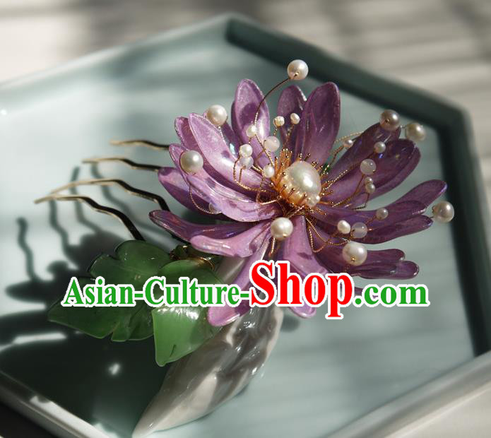 China Handmade Purple Chrysanthemum Hair Comb Traditional Hanfu Pearls Hairpin Hair Accessories