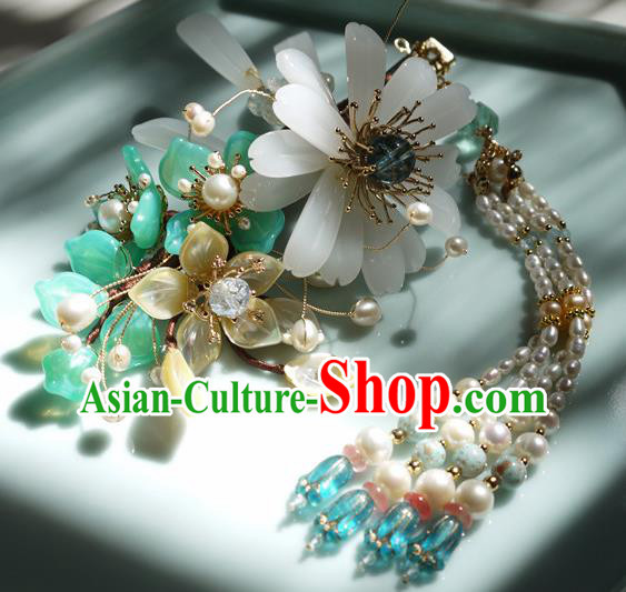 China Traditional Ming Dynasty Pearls Tassel Hairpin Handmade Ancient Princess Chrysanthemum Hair Stick