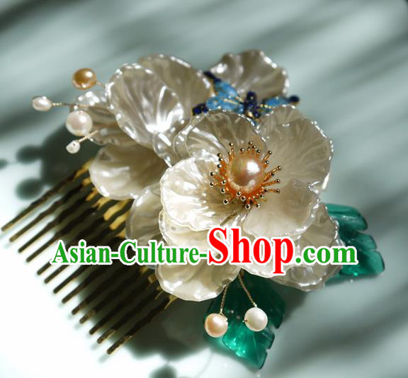 China Handmade Ancient Princess Shell Gardenia Hair Comb Traditional Ming Dynasty Pearls Hairpin