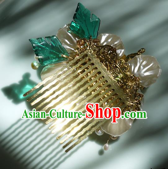 China Handmade Ancient Princess Shell Gardenia Hair Comb Traditional Ming Dynasty Pearls Hairpin
