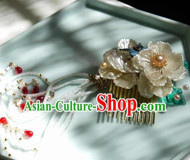 China Handmade Ancient Princess Beads Tassel Hair Comb Traditional Ming Dynasty Shell Gardenia Hairpin