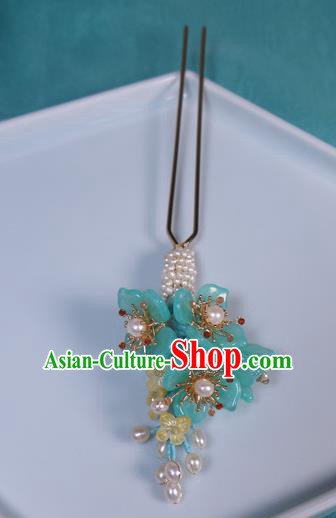 China Handmade Ancient Princess Green Plum Hair Stick Traditional Ming Dynasty Pearls Hairpin