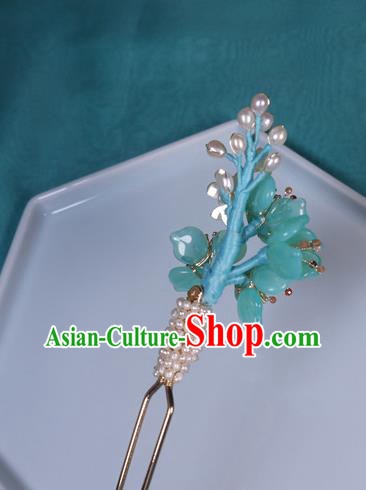 China Handmade Ancient Princess Green Plum Hair Stick Traditional Ming Dynasty Pearls Hairpin