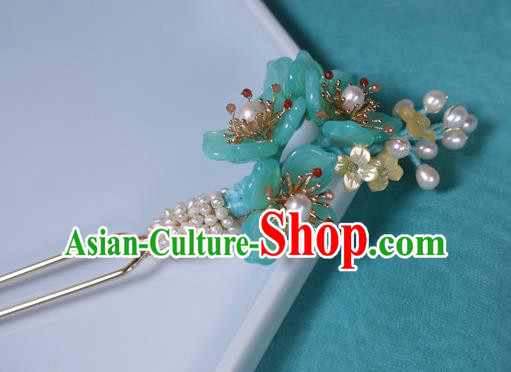 China Handmade Ancient Princess Green Plum Hair Stick Traditional Ming Dynasty Pearls Hairpin