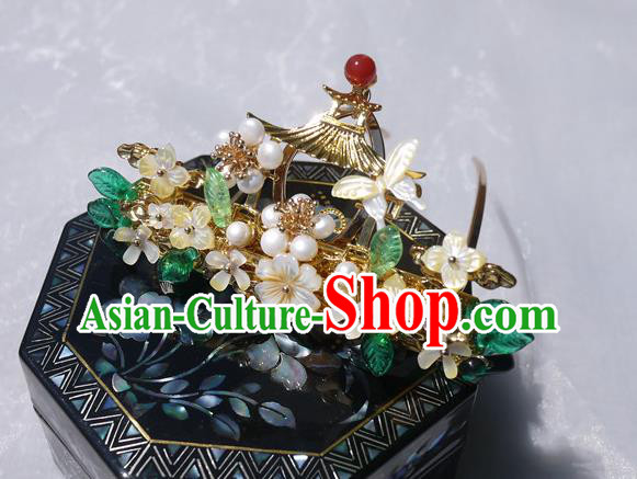 China Traditional Ming Dynasty Pearls Hairpin Handmade Ancient Princess Shell Hair Crown