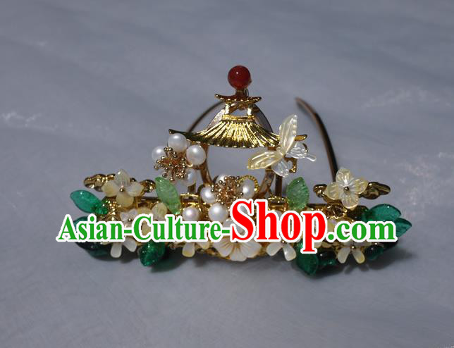 China Traditional Ming Dynasty Pearls Hairpin Handmade Ancient Princess Shell Hair Crown