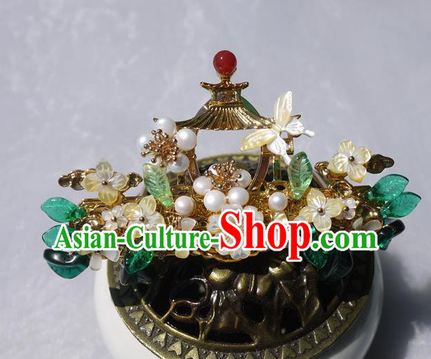 China Traditional Ming Dynasty Pearls Hairpin Handmade Ancient Princess Shell Hair Crown