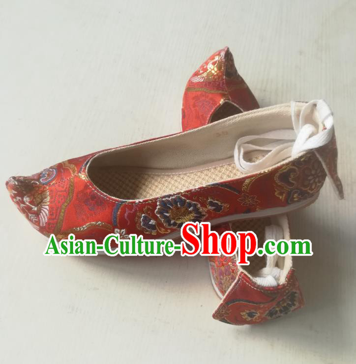 Chinese Handmade Red Brocade Shoes Traditional Hanfu Wedding Bow Shoes Ming Dynasty Bridegroom Shoes