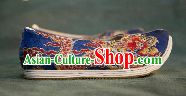 Chinese Traditional Blue Brocade Shoes Hanfu Shoes Ancient Ming Dynasty Shoes for Men
