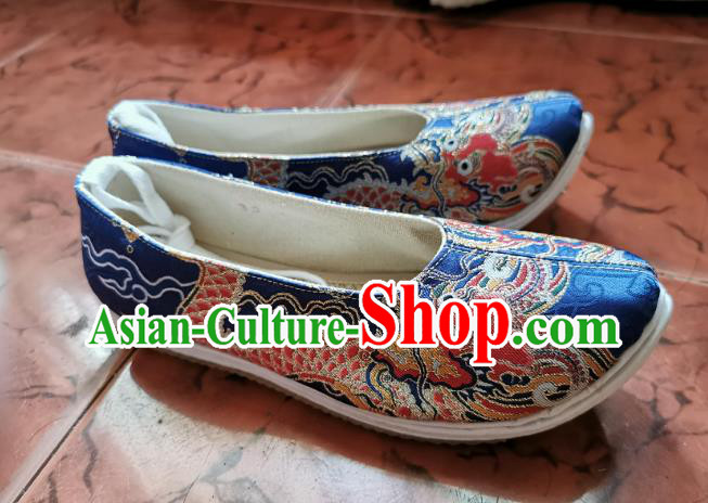 Chinese Traditional Blue Brocade Shoes Hanfu Shoes Ancient Ming Dynasty Shoes for Men