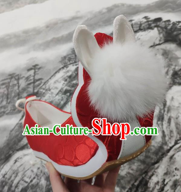 China Classical Red Brocade Shoes Hanfu Venonat Rabbit Shoes Traditional Tang Dynasty Princess Shoes