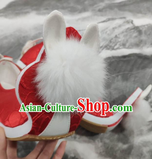 China Classical Red Brocade Shoes Hanfu Venonat Rabbit Shoes Traditional Tang Dynasty Princess Shoes