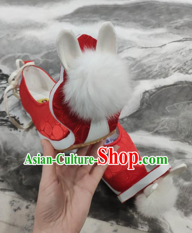 China Classical Red Brocade Shoes Hanfu Venonat Rabbit Shoes Traditional Tang Dynasty Princess Shoes