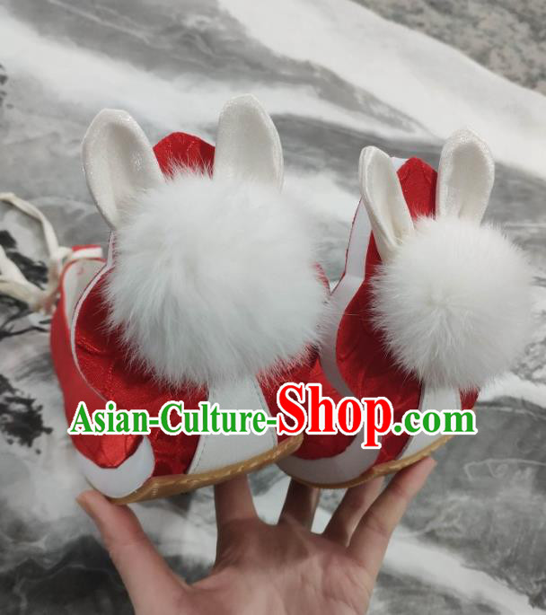 China Classical Red Brocade Shoes Hanfu Venonat Rabbit Shoes Traditional Tang Dynasty Princess Shoes