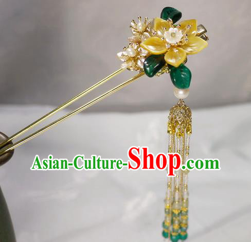 China Traditional Ming Dynasty Shell Jasminum Hairpin Handmade Ancient Princess Beads Tassel Hair Stick