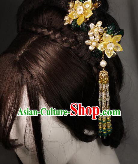 China Traditional Ming Dynasty Shell Jasminum Hairpin Handmade Ancient Princess Beads Tassel Hair Stick