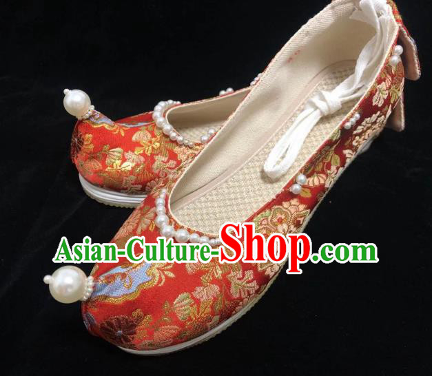 China Handmade Wedding Red Brocade Shoes Hanfu Shoes Traditional Ancient Ming Dynasty Princess Shoes