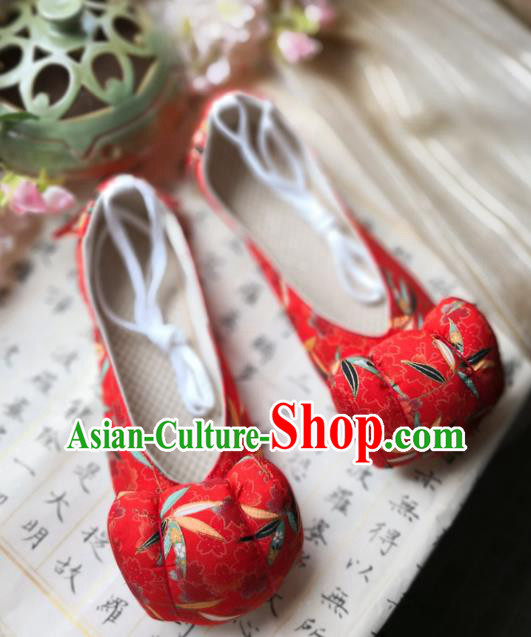 China Handmade Red Cloth Shoes Ancient Princess Shoes Traditional Song Dynasty Bamboo Pattern Shoes