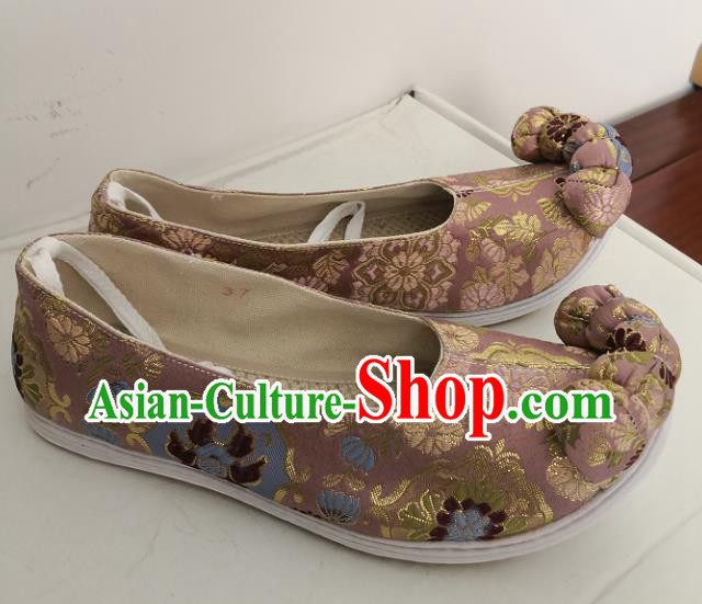 China Classical Chrysanthemum Pattern Pink Brocade Shoes Traditional Song Dynasty Hanfu Shoes Handmade Ancient Princess Satin Shoes