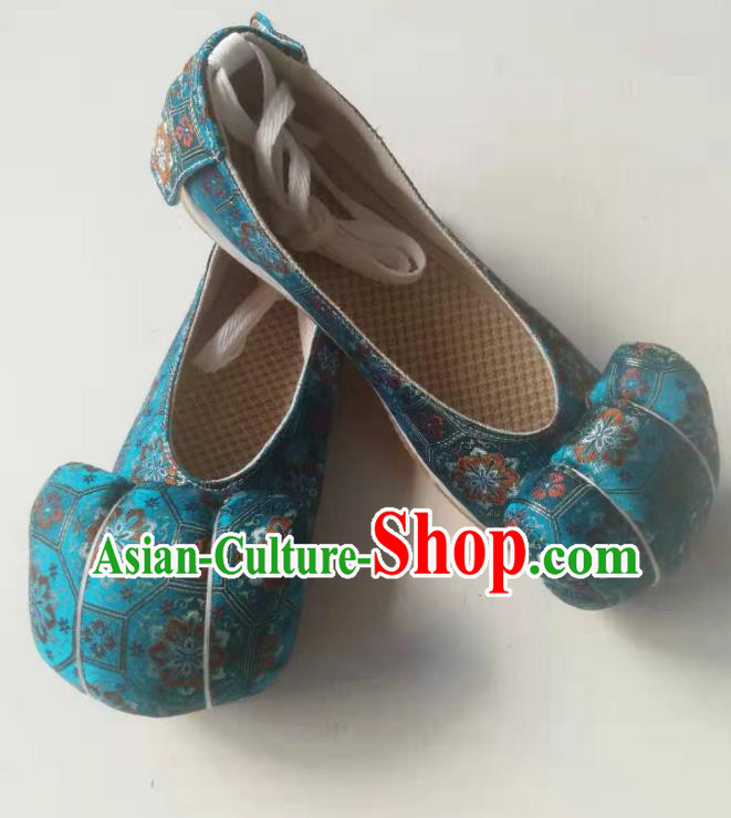 China Traditional Song Dynasty Blue Brocade Shoes Handmade Satin Shoes Ancient Princess Hanfu Shoes