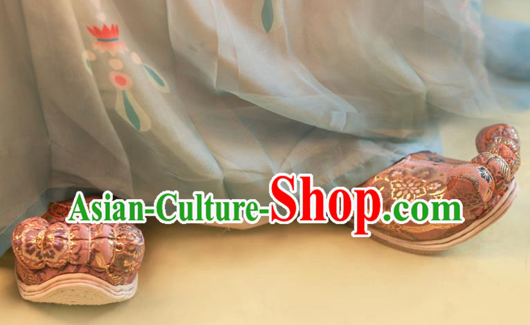 China Pink Satin Shoes Traditional Song Dynasty Wedding Shoes Handmade Ancient Princess Shoes