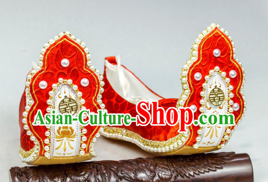 China Hanfu Wedding Shoes Traditional Song Dynasty Princess Pearls Shoes Classical Red Brocade Shoes