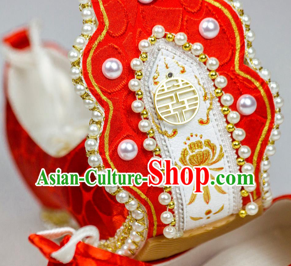 China Hanfu Wedding Shoes Traditional Song Dynasty Princess Pearls Shoes Classical Red Brocade Shoes