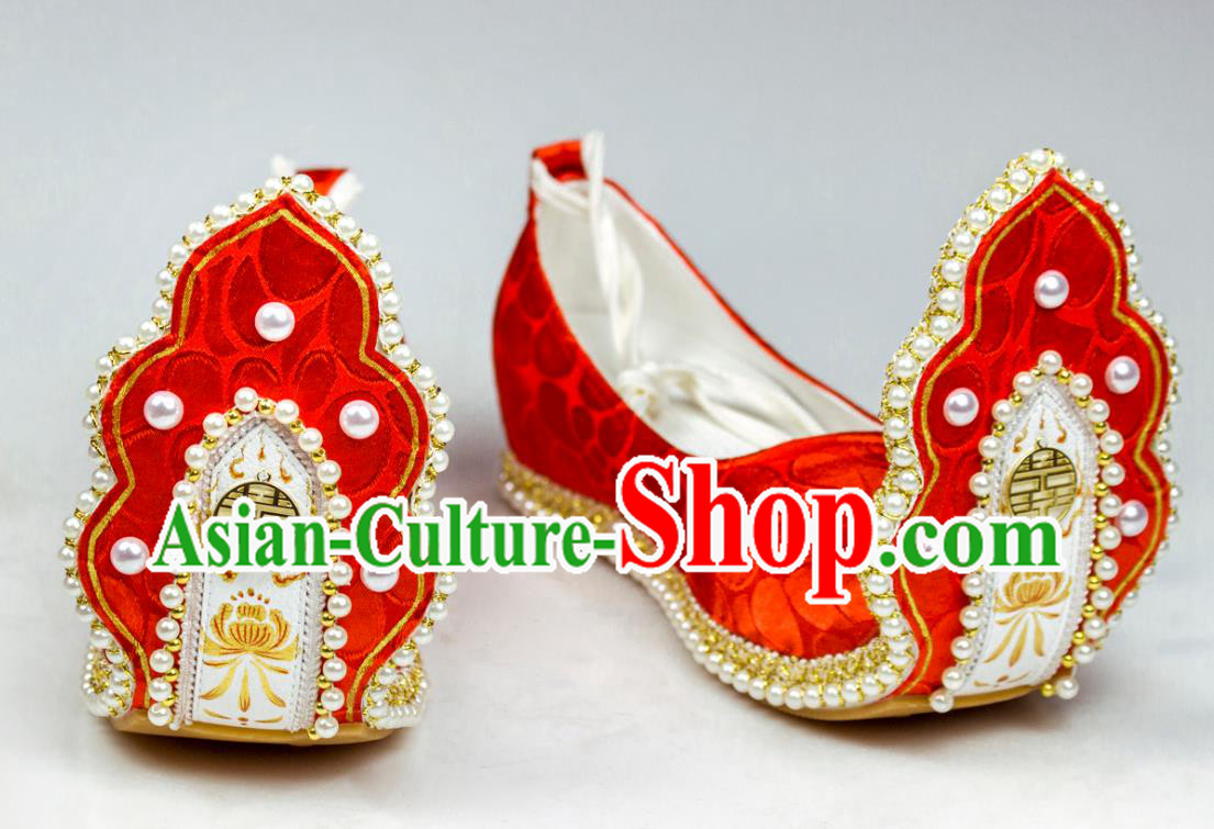 China Hanfu Wedding Shoes Traditional Song Dynasty Princess Pearls Shoes Classical Red Brocade Shoes