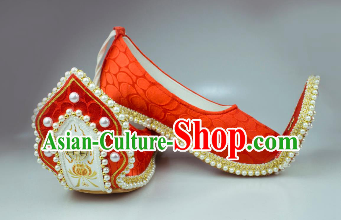 China Classical Wedding Pearls Shoes Red Brocade Hanfu Shoes Traditional Song Dynasty Princess Shoes