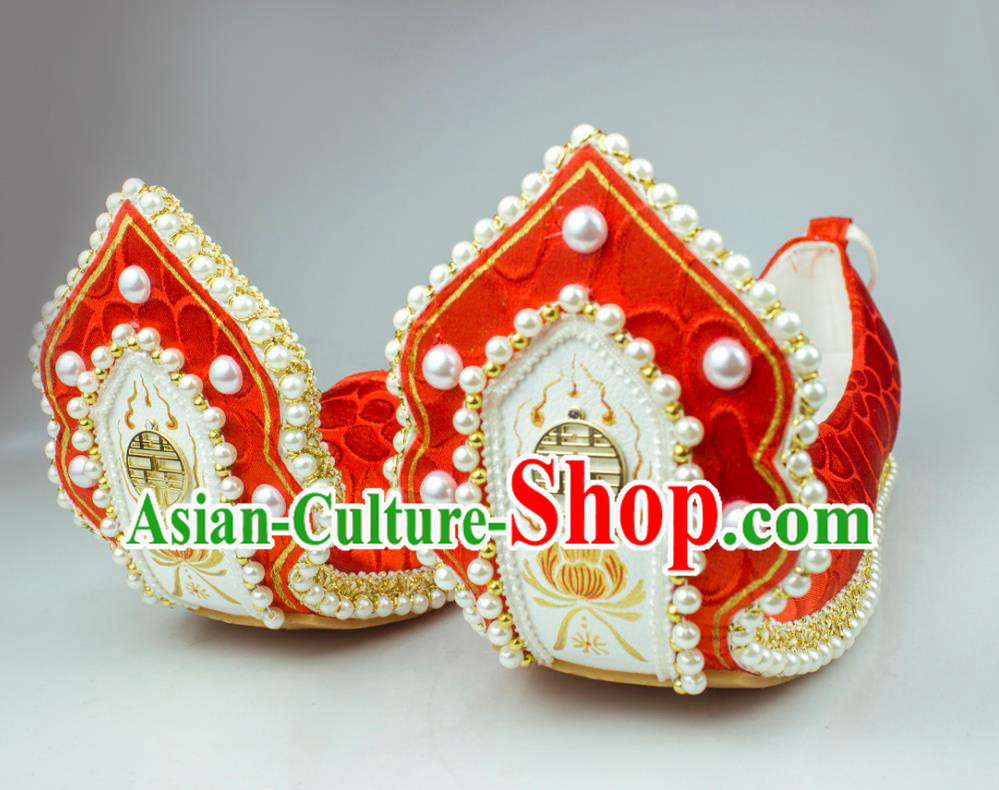 China Classical Wedding Pearls Shoes Red Brocade Hanfu Shoes Traditional Song Dynasty Princess Shoes