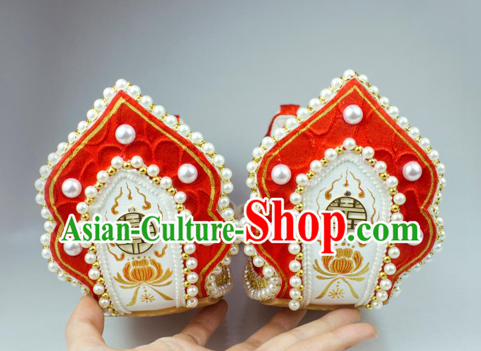 China Classical Wedding Pearls Shoes Red Brocade Hanfu Shoes Traditional Song Dynasty Princess Shoes